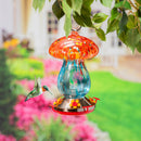 Garden of Wonder Bird Feeder, Art Glass Hanging Mushroom, Red & Blue