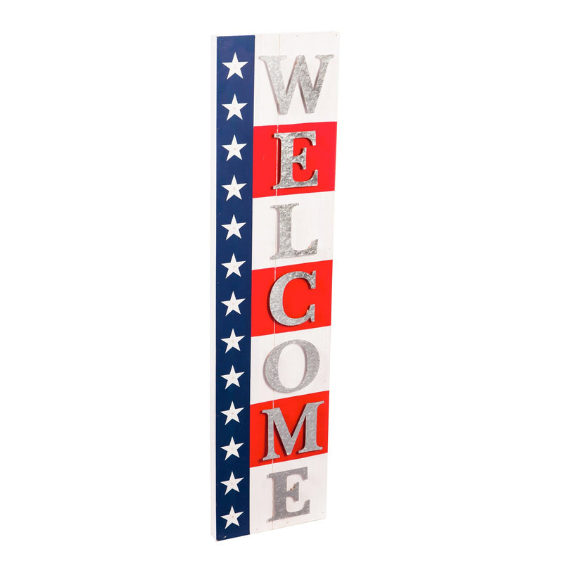 47" Wood and Metal Battery Operated Lighted Sign, Porch Leaner, Welcome Americana,2la1268