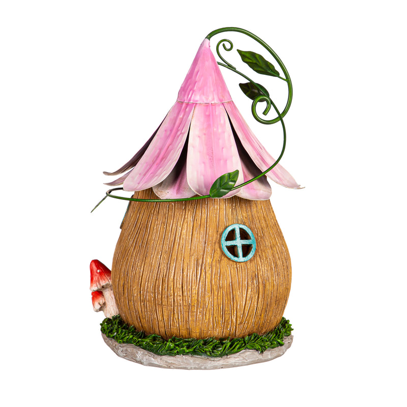 Evergreen Statuary,LED Fairy House, Purple Floral Roof,6.5x6.89x10.04 Inches