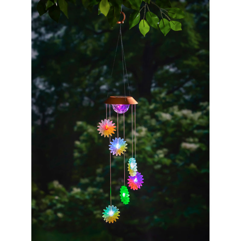 Evergreen Garden Accents,Color Changing Solar Mobile with Spinning Light Refractor, Florals,7.09x7.09x29.53 Inches