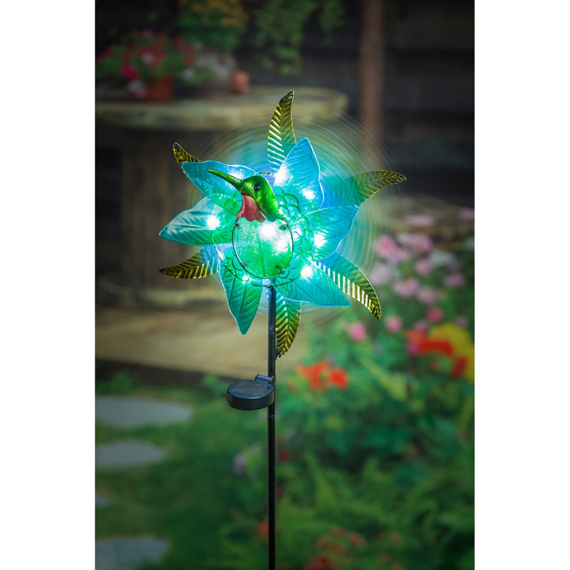 Evergreen Wind,48"H Solar Staked Wind Spinner, Glass Hummingbird,14.5x4x48 Inches