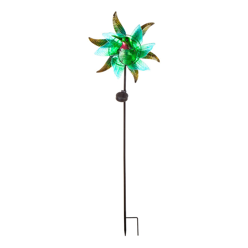 Evergreen Wind,48"H Solar Staked Wind Spinner, Glass Hummingbird,14.5x4x48 Inches