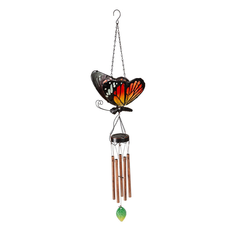 Evergreen Wind,Solar Glass Monarch Butterfly Wind Chime,7.08x5.91x31.49 Inches