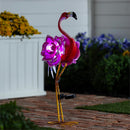 Palm Beach Garden Statue, Solar Metal Flamingo With Flower Body, 28"H