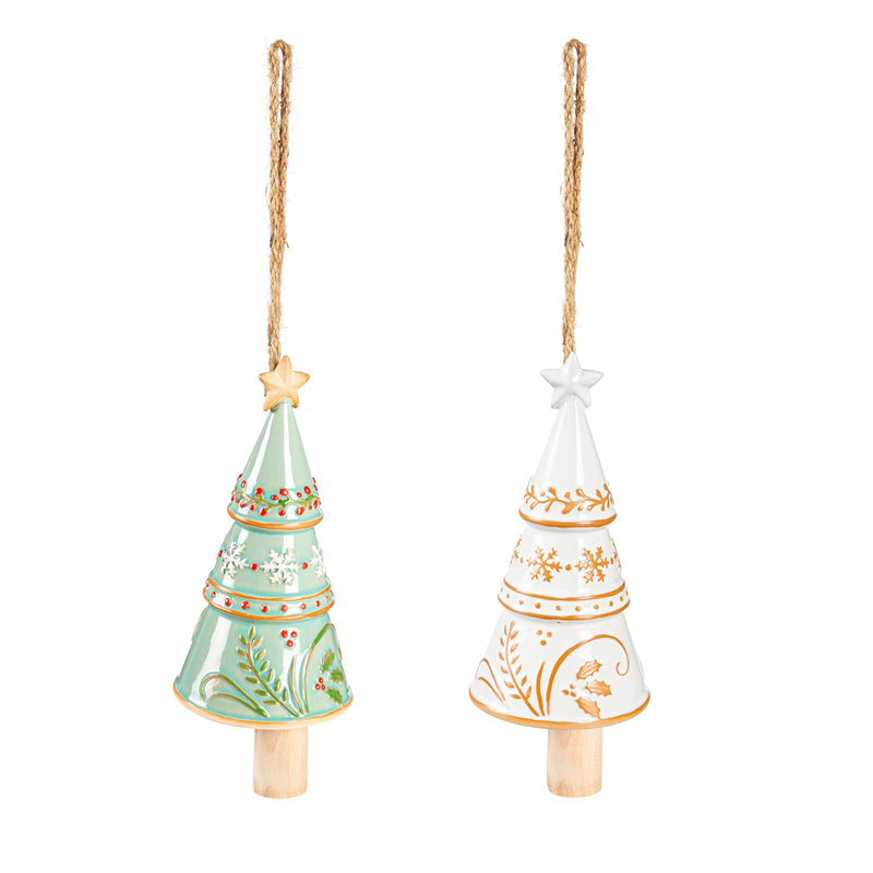 Christmas Tree Ceramic Hanging Bell, Asst of 2,2wc2193