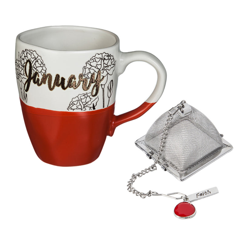 Ceramic Birthday Cup w/metallic accent, Tea Charm, and box, 16 OZ., January,3amh6837a