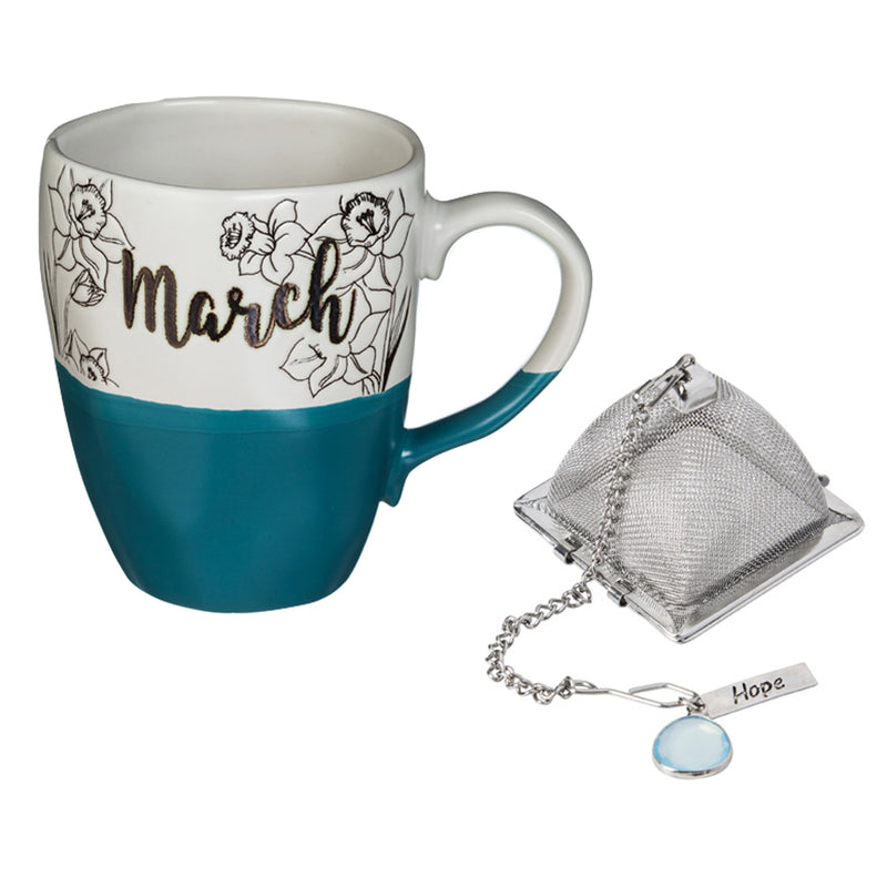 Ceramic Birthday Cup w/metallic accent, Tea Charm, and box, 16 OZ., March,3amh6837c