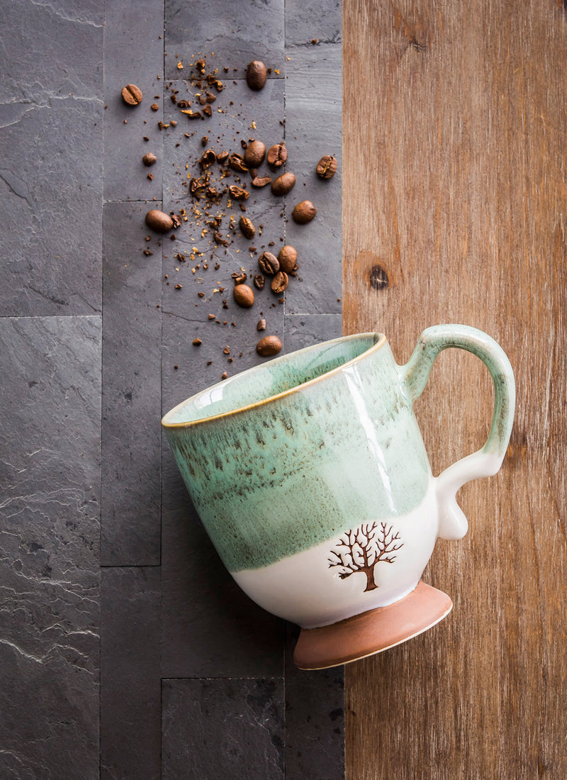 Evergreen Tabletop,Artisan Series Cup, 14 OZ., w/stamped accents, Tree,5.5x3.75x4.5 Inches