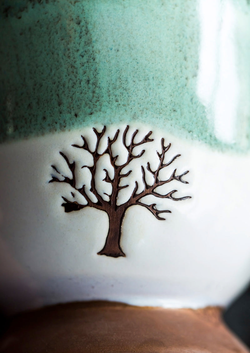 Evergreen Tabletop,Artisan Series Cup, 14 OZ., w/stamped accents, Tree,5.5x3.75x4.5 Inches