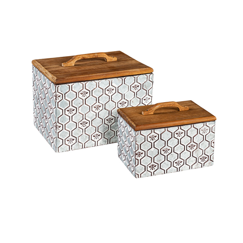 Evergreen Indoor Furniture,Embossed Metal Storage Box with Wood Lid, Nested Set of 2,10.25x7.5x8 Inches