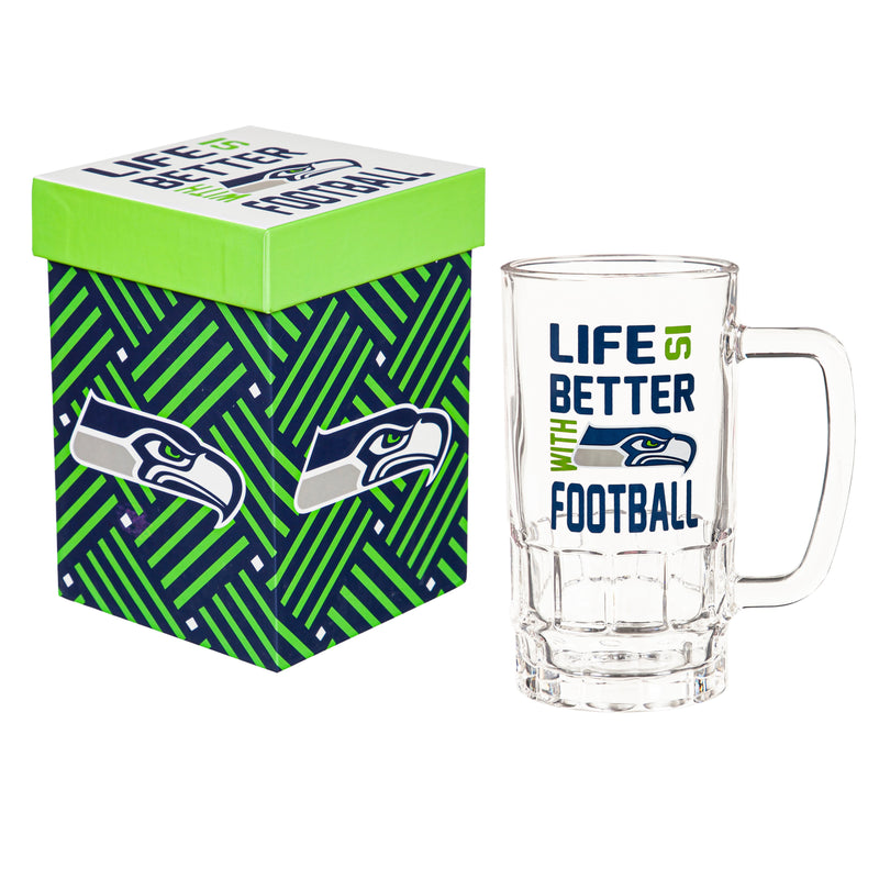 Evergreen Home Accents,Glass Tankard Cup, with Gift Box, Seattle Seahawks,3.34x5.03x6.1 Inches