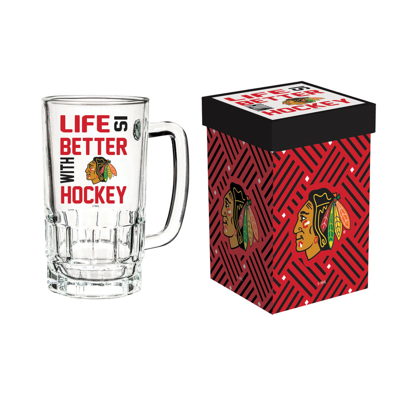 Evergreen Home Accents,Glass Tankard Cup with Gift Box, Chicago Blackhawks,5.03x3.34x6.1 Inches