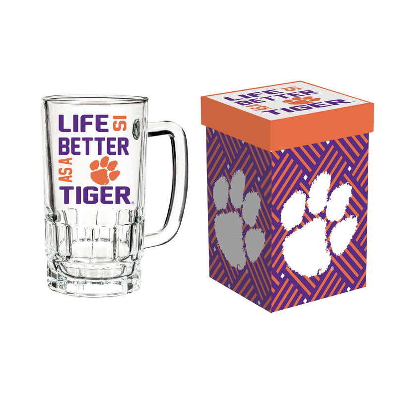 Evergreen Home Accents,Glass Tankard Cup, with Gift Box, Clemson University,5.03x3.34x6.1 Inches