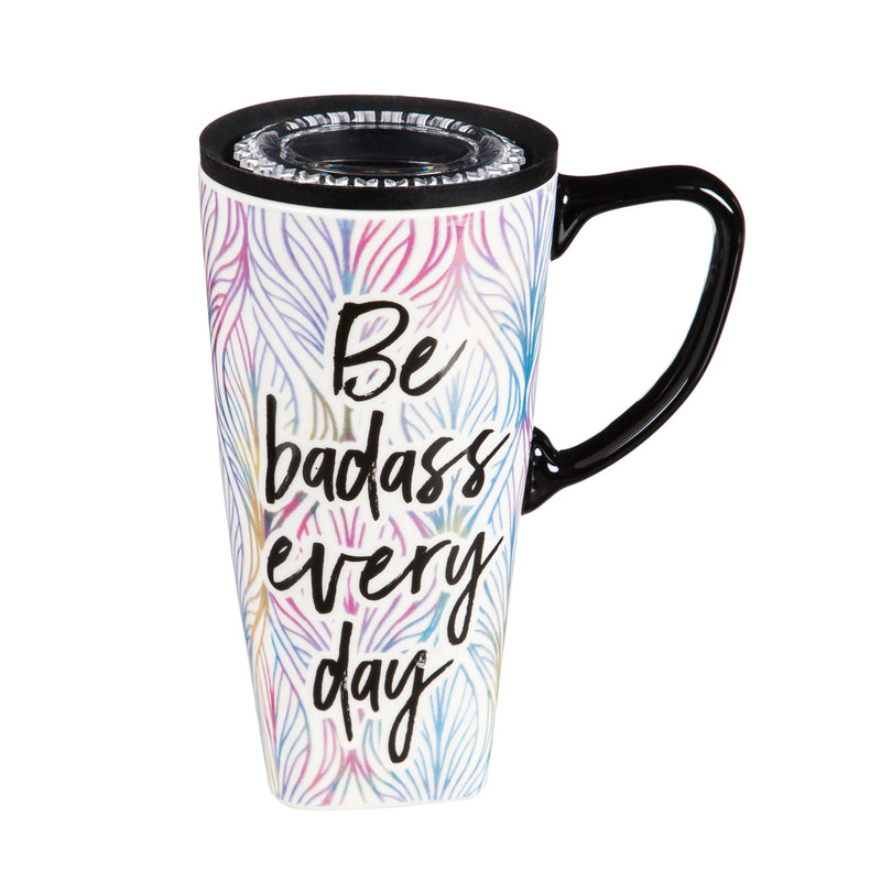 Evergreen Tabletop,Ceramic FLOMO 360 Travel Cup, 17 oz., Be A Badass Everyday,5.25x3.5x6.75 Inches