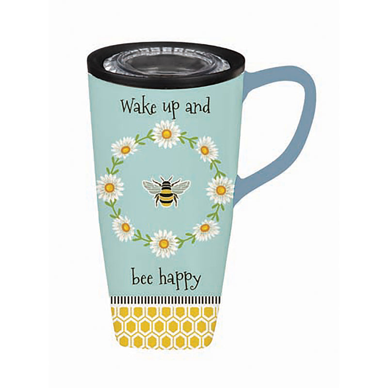 Evergreen Tabletop,Ceramic FLOMO 360 Travel Cup, 17 oz., Wake Up and Bee Happy,5.15x3.54x6.46 Inches