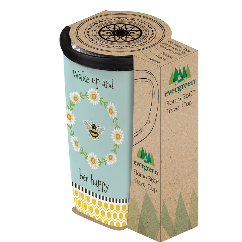 Evergreen Tabletop,Ceramic FLOMO 360 Travel Cup, 17 oz., Wake Up and Bee Happy,5.15x3.54x6.46 Inches