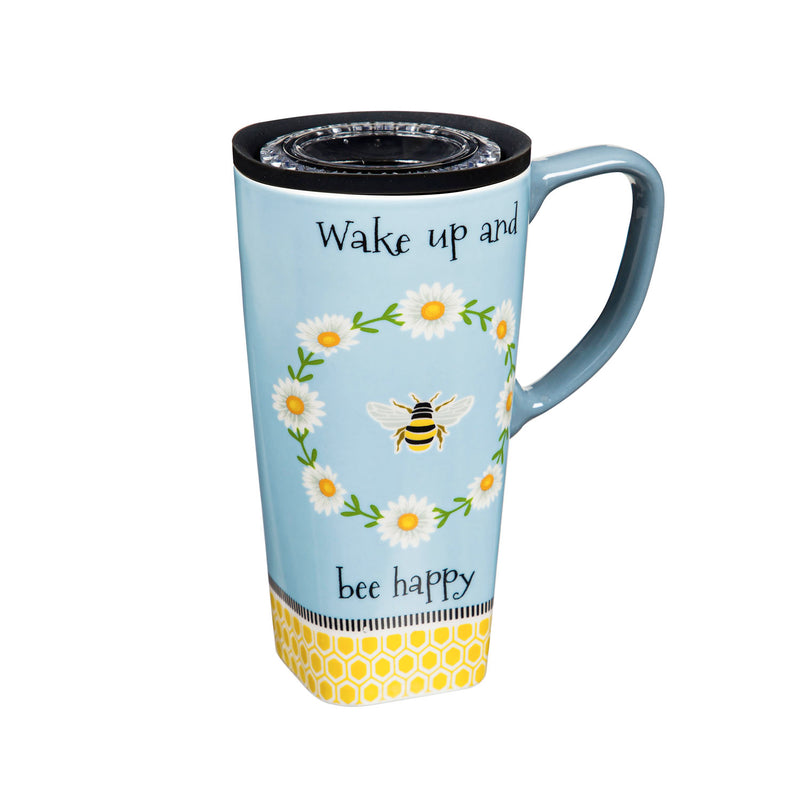 Evergreen Tabletop,Ceramic FLOMO 360 Travel Cup, 17 oz., Wake Up and Bee Happy,5.15x3.54x6.46 Inches