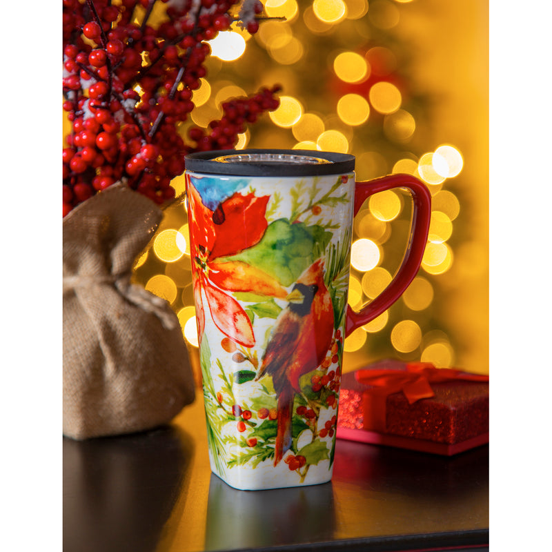 Evergreen Tabletop,Ceramic FLOMO 360 Travel Cup, 17 oz., Cardinal & Berries,5.15x3.54x6.46 Inches