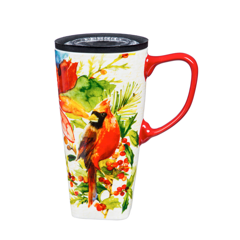 Evergreen Tabletop,Ceramic FLOMO 360 Travel Cup, 17 oz., Cardinal & Berries,5.15x3.54x6.46 Inches