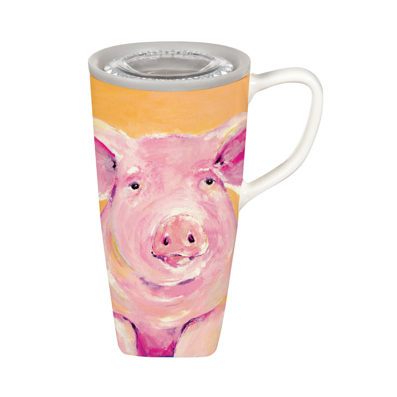 Evergreen Tabletop,Ceramic FLOMO 360 Travel Cup, 17 OZ, Pig Portrait,5.15x3.54x6.46 Inches