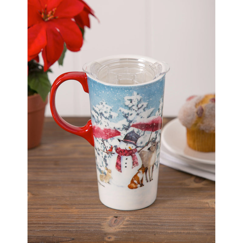 Ceramic Travel Cup, 17 OZ. ,w/box and Tritan Lid, Sheltering Snowmen,3ctc007335