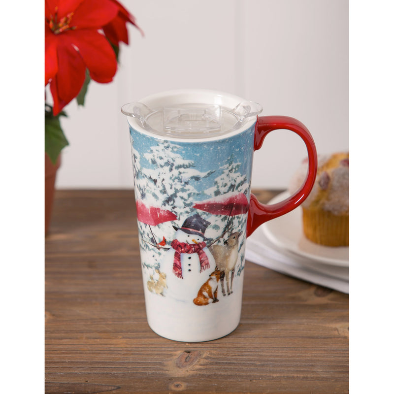 Evergreen Tabletop,Ceramic Travel Cup, 17 OZ. ,w/box and Tritan Lid, Sheltering Snowmen,3.5x5.25x7 Inches