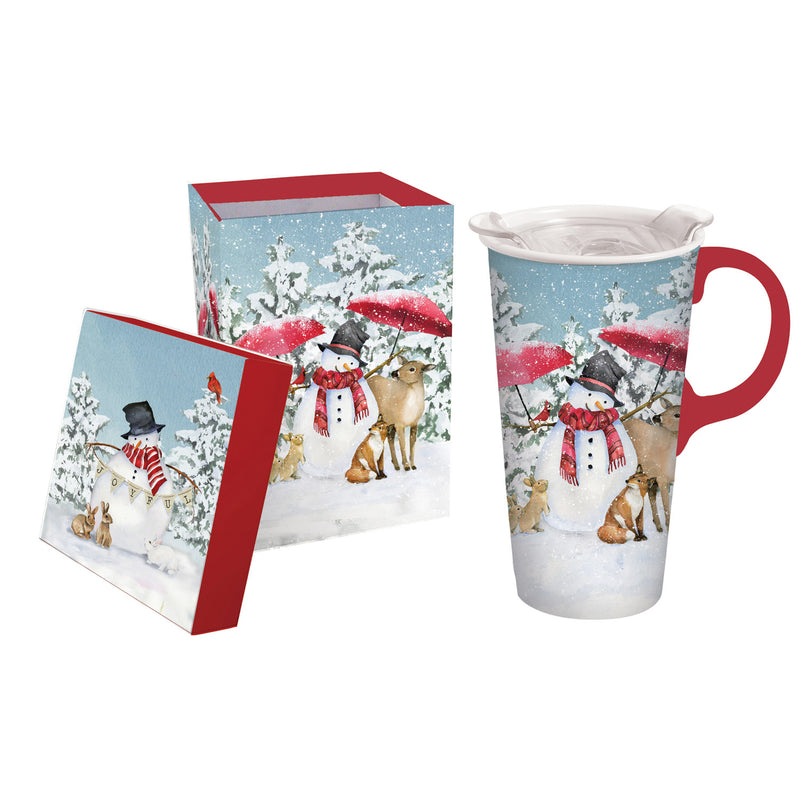 Evergreen Tabletop,Ceramic Travel Cup, 17 OZ. ,w/box and Tritan Lid, Sheltering Snowmen,3.5x5.25x7 Inches