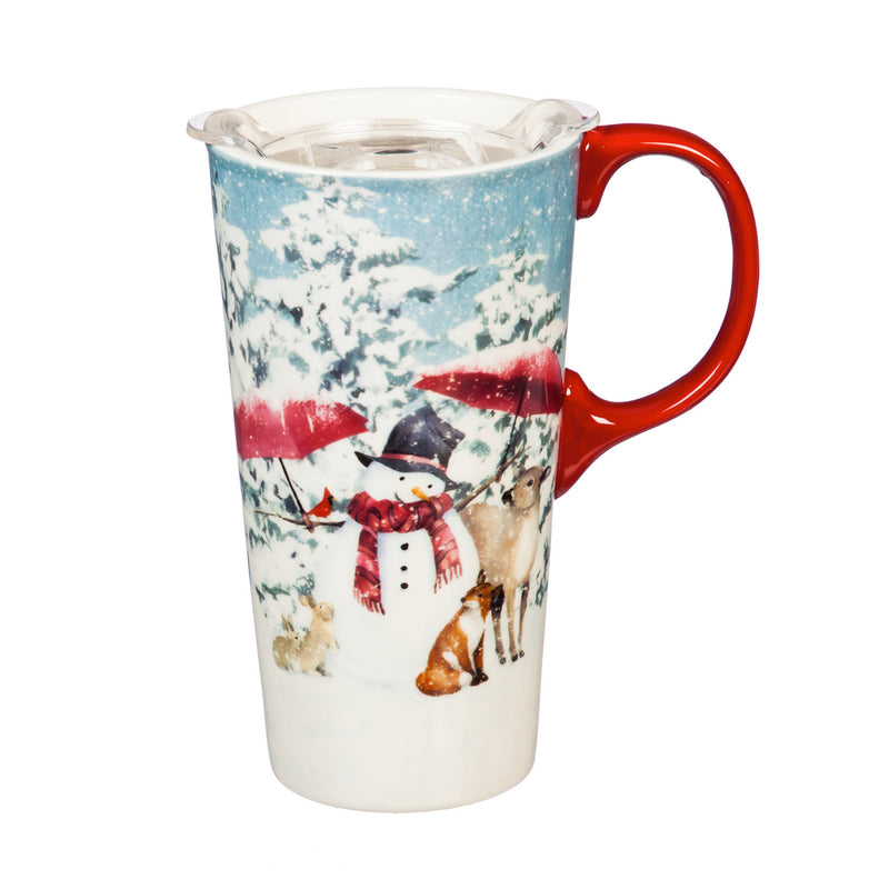 Ceramic Travel Cup, 17 OZ. ,w/box and Tritan Lid, Sheltering Snowmen,3ctc007335