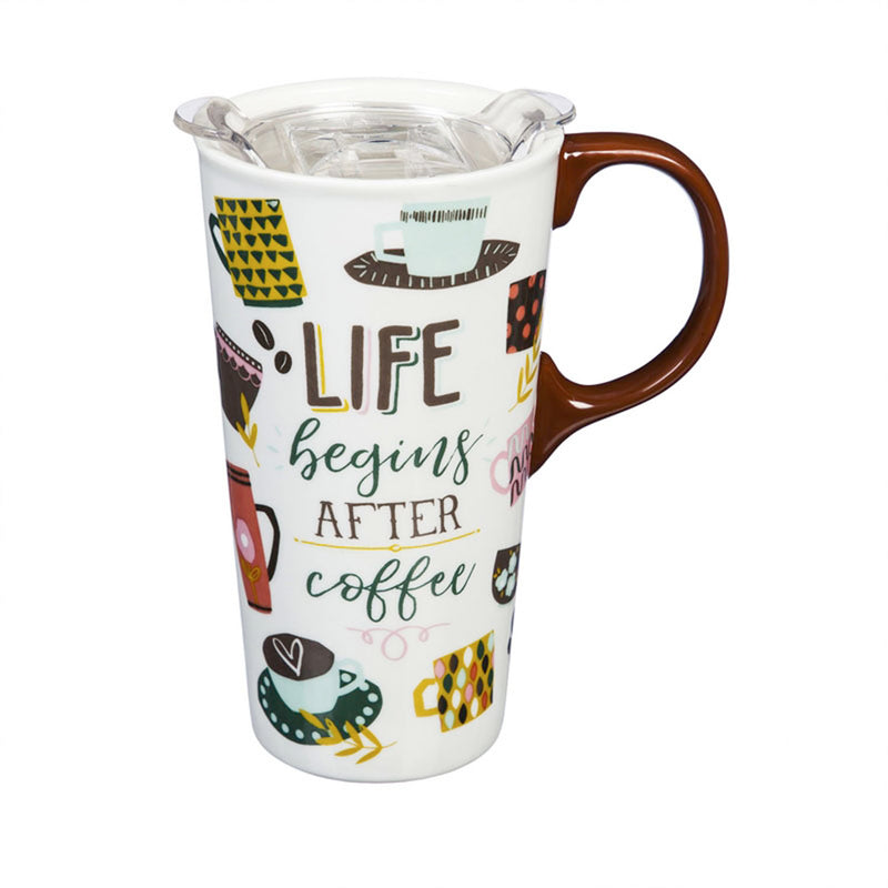 Ceramic Travel Cup, 17 OZ.,w/box and Tritan Lid, Life Begins After Coffee,3ctc007374