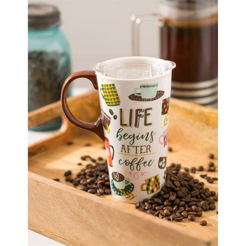 Ceramic Travel Cup, 17 OZ.,w/box and Tritan Lid, Life Begins After Coffee,3ctc007374