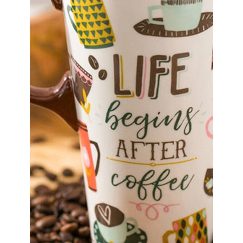 Evergreen Tabletop,Ceramic Travel Cup, 17 OZ.,w/box and Tritan Lid, Life Begins After Coffee,3.5x5.25x7 Inches