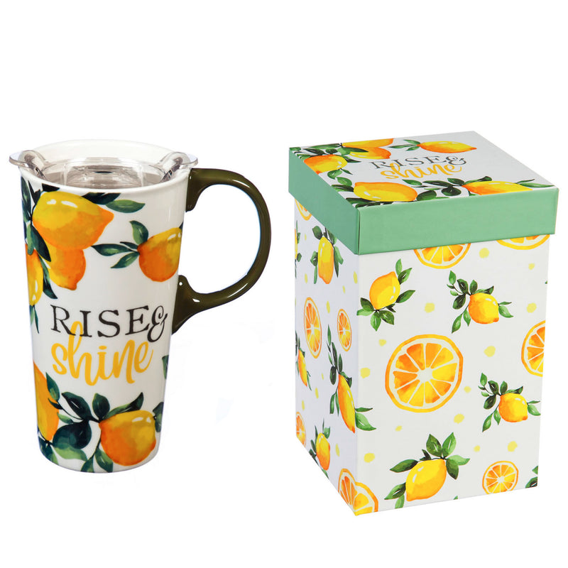 Evergreen Tabletop,Ceramic Travel Cup, 17 OZ. ,w/box and Tritan Lid, Lemon Drop Collection,3.5x5.25x7 Inches