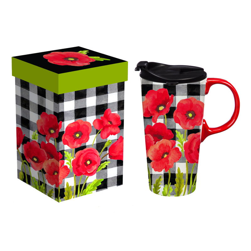 Ceramic Travel Cup, 17 OZ., w/box, Poppies and Plaid,3ctc010430