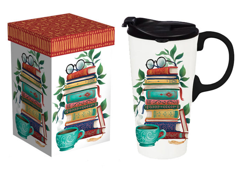 Ceramic Perfect Travel Cup, 17oz, w/ Gift Box, Books on Books,3ctc01133