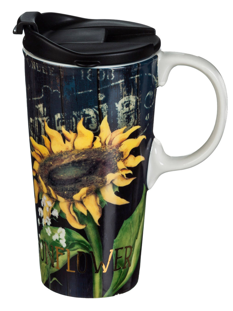 Evergreen Tabletop,Ceramic Travel Cup w/metallic accent and box, 17 OZ., Sunflower Splendor,5.25x3.6x7 Inches