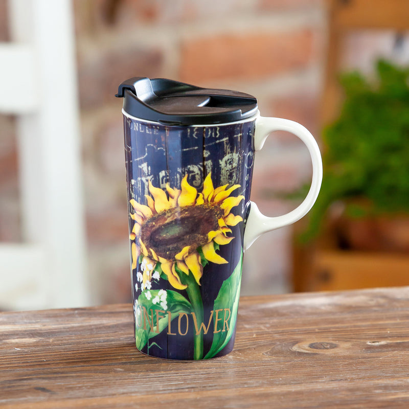 Evergreen Tabletop,Ceramic Travel Cup w/metallic accent and box, 17 OZ., Sunflower Splendor,5.25x3.6x7 Inches