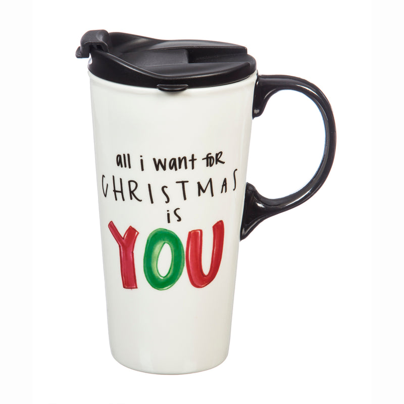 Evergreen Tabletop,Ceramic Travel Cup, 17 OZ. ,w/box, All I want for Christmas,3.5x5.25x7 Inches