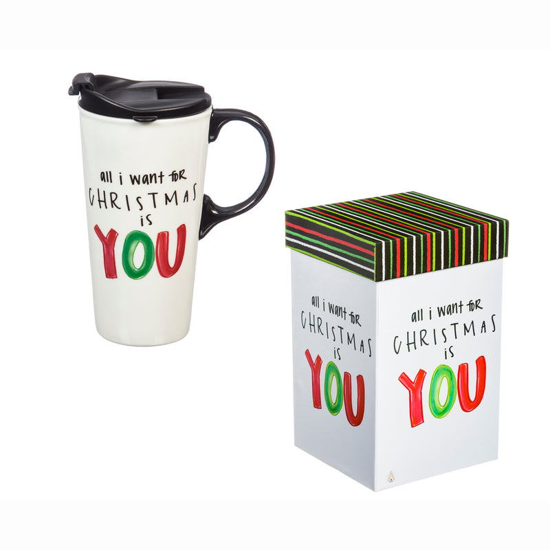 Evergreen Tabletop,Ceramic Travel Cup, 17 OZ. ,w/box, All I want for Christmas,3.5x5.25x7 Inches