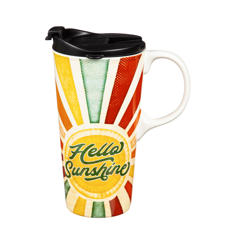 Evergreen Tabletop,Ceramic Travel Cup, 17 OZ. ,w/box, Hello Sunshine,5.24x3.55x7 Inches