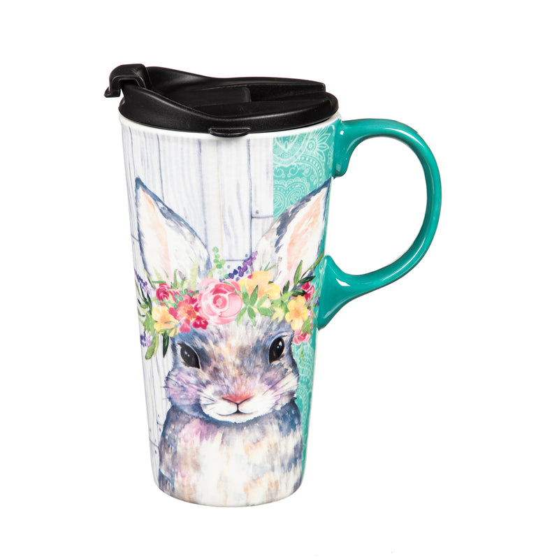 Ceramic Travel Cup, 17 OZ. ,w/box, Bunny with Flower Halo,3ctc017939