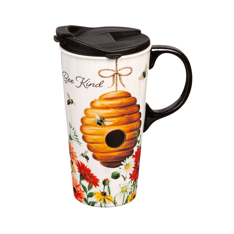 Ceramic Perfect Travel Cup, 17oz., w/ Gift Box, Summer Floral Buzz Beehive,3ctc019744