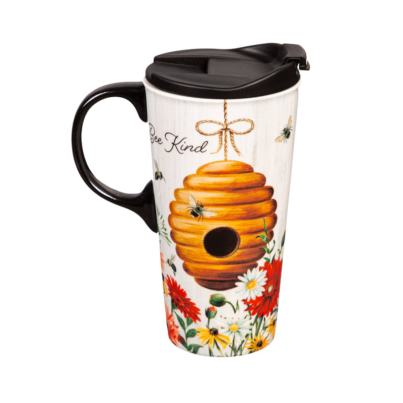 Ceramic Perfect Travel Cup, 17oz., w/ Gift Box, Summer Floral Buzz Beehive,3ctc019744