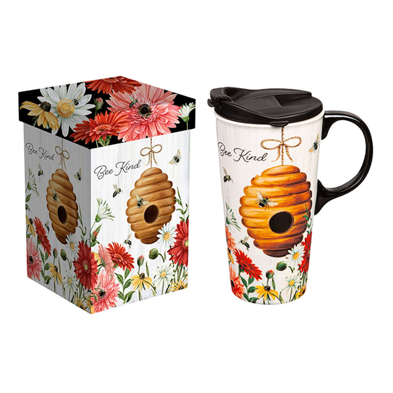 Ceramic Perfect Travel Cup, 17oz., w/ Gift Box, Summer Floral Buzz Beehive,3ctc019744