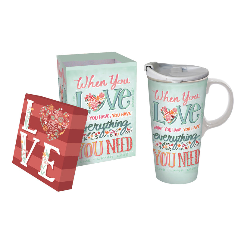 Evergreen Tabletop,Ceramic Travel Cup, 17 OZ., w/box, When You Love,5.25x3.6x7 Inches