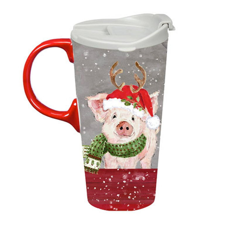 Ceramic Perfect Travel Cup, 17 oz., w/ box, Holiday Pig Friends,3ctc04041