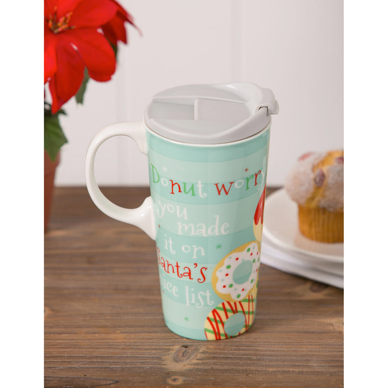 Evergreen Tabletop,Ceramic Travel Cup, 17 OZ. ,w/box, Donut Worry,3.5x5.25x7 Inches