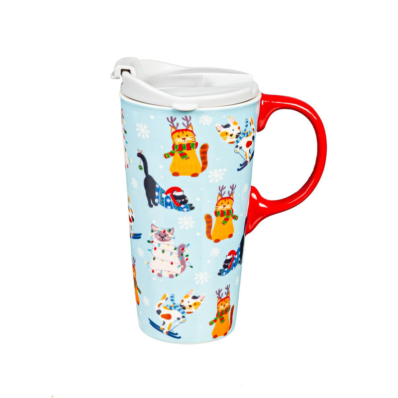 Ceramic Travel Cup, 17 OZ. ,w/box, Meowy Christmas and Happy Howlidays,3ctc049605