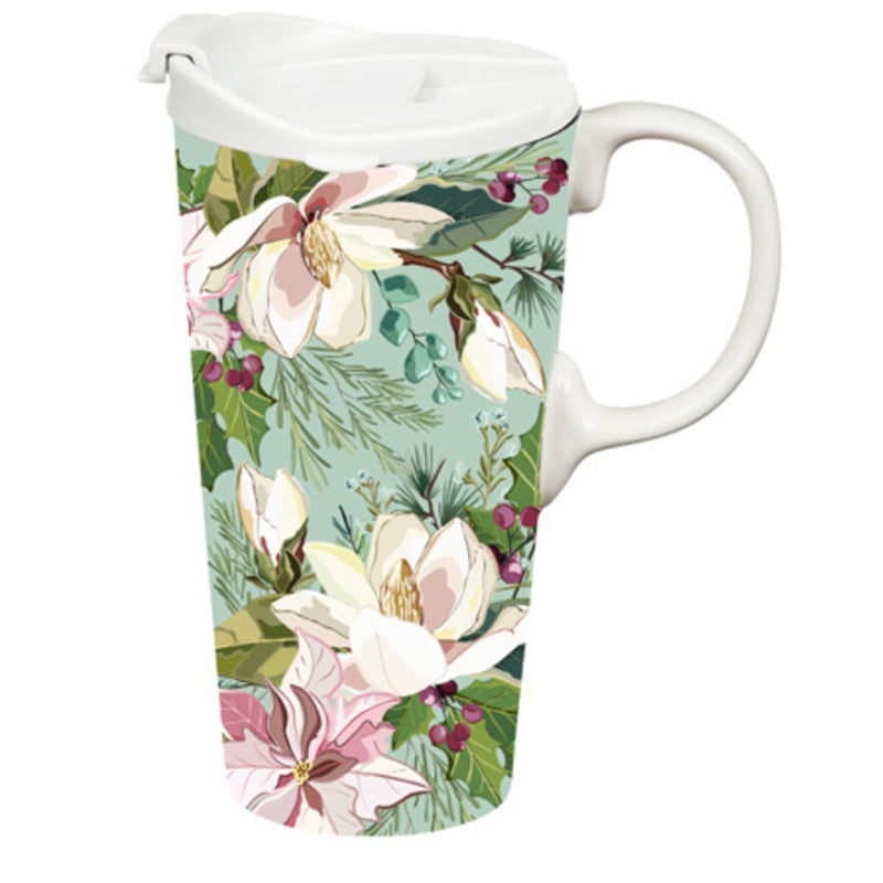 Ceramic Perfect Travel Cup, 17oz, w/ Gift Box, Joyful Magnolias,3ctc10034