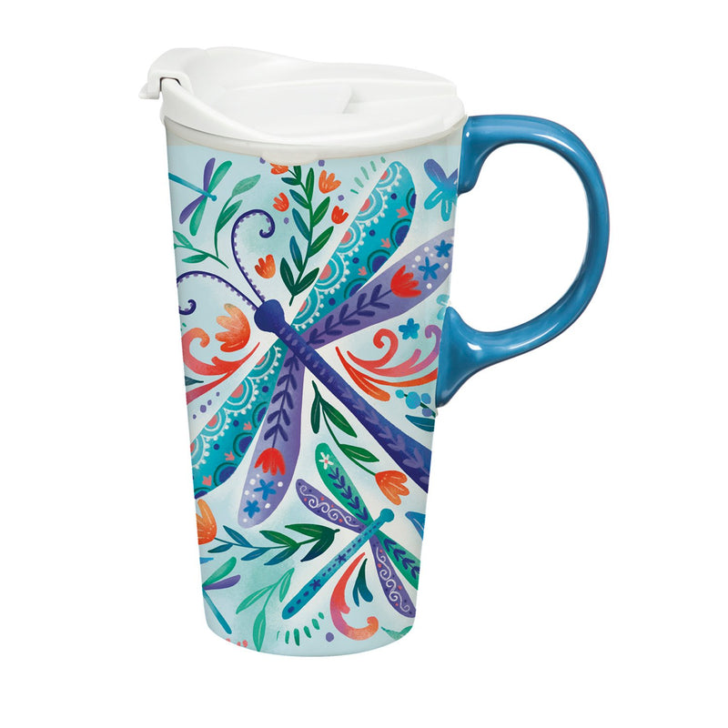 Ceramic Perfect Travel Cup, 17 oz., w/ box, Floral Dragonfly,3ctc100416