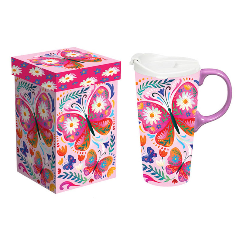 Ceramic Perfect Travel Cup, 17oz., w/ Gift Box, Floral Butterfly,3ctc100464